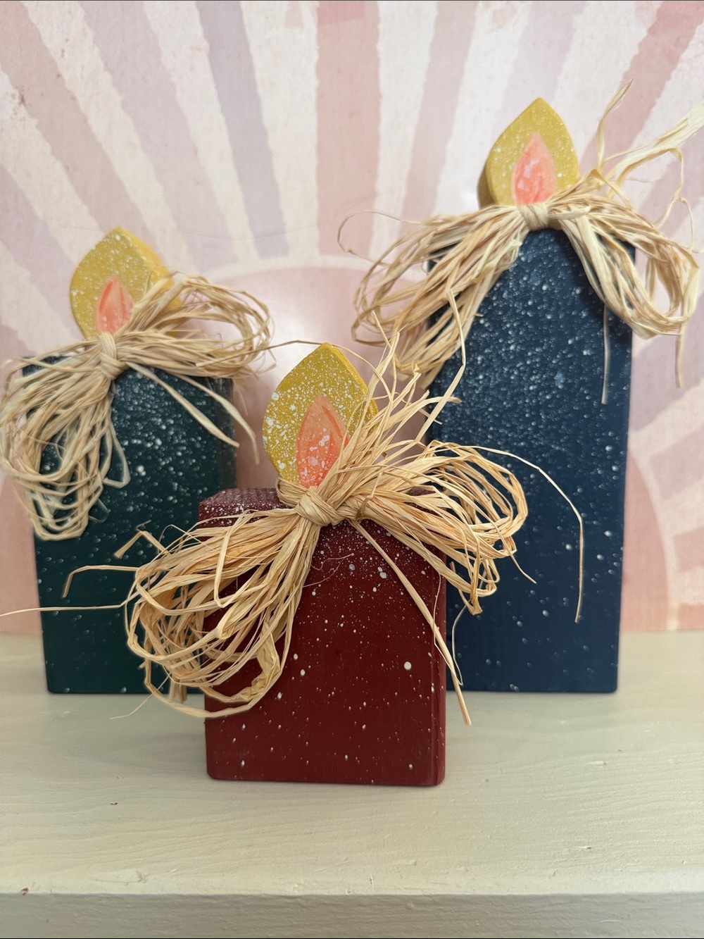 Decorative Wooden Candle Trio - Green Red & Blue with White Speckled Paint.